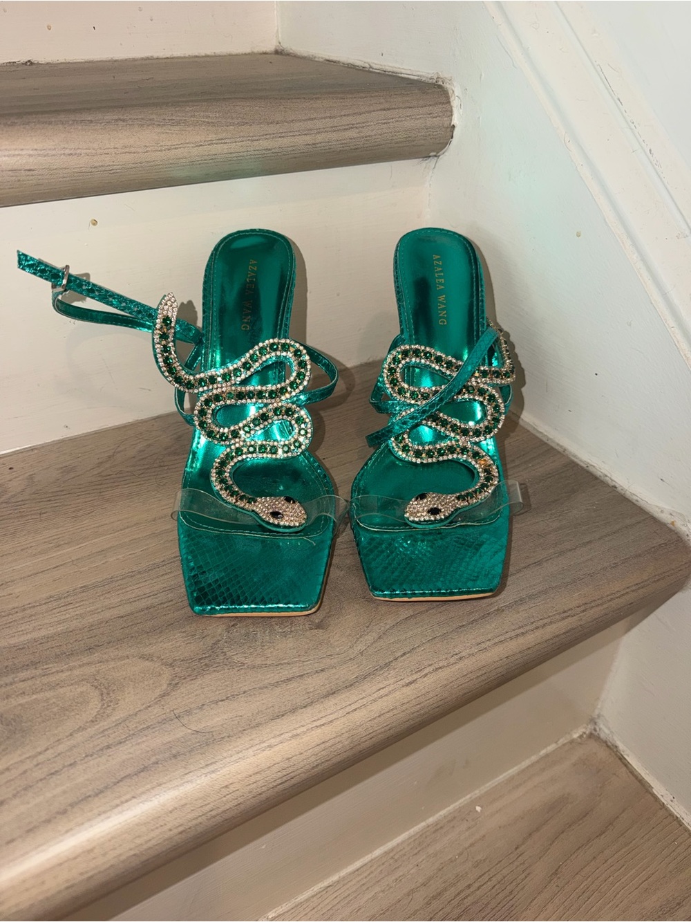 Emerald Metallic Snake-Embellished Women's Heeled Sandals